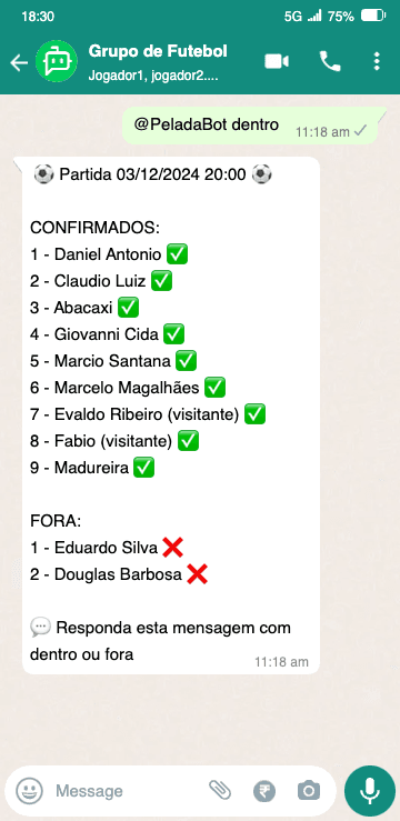 Lista de presença enviada pelo PeladaBot no grupo