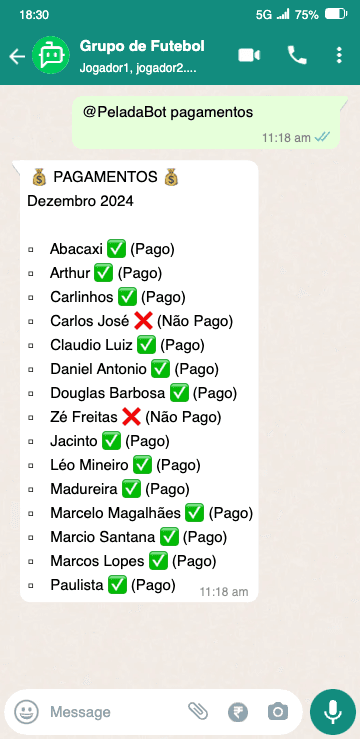 Lista de pagamentos do mês no grupo