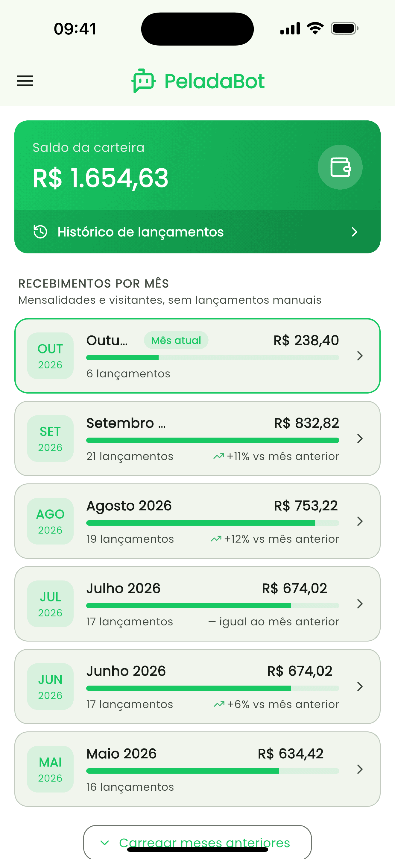 Carteira do grupo no app