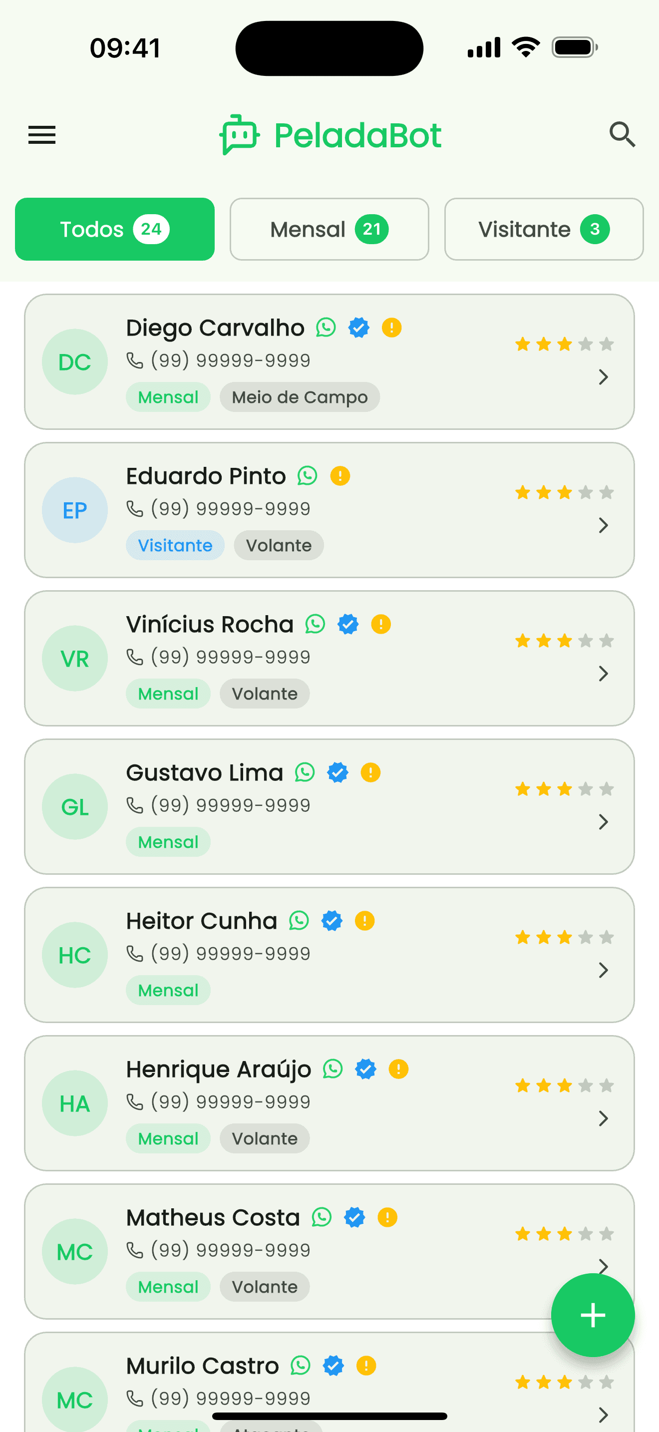 Lista de jogadores no app