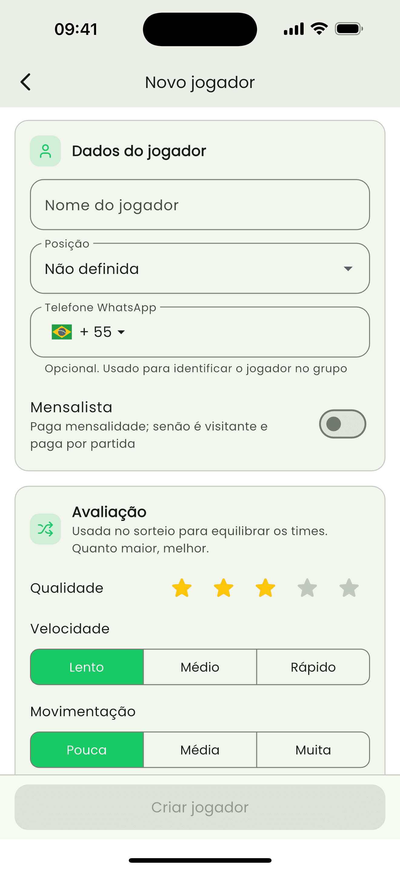 Cadastro de jogador com avaliação