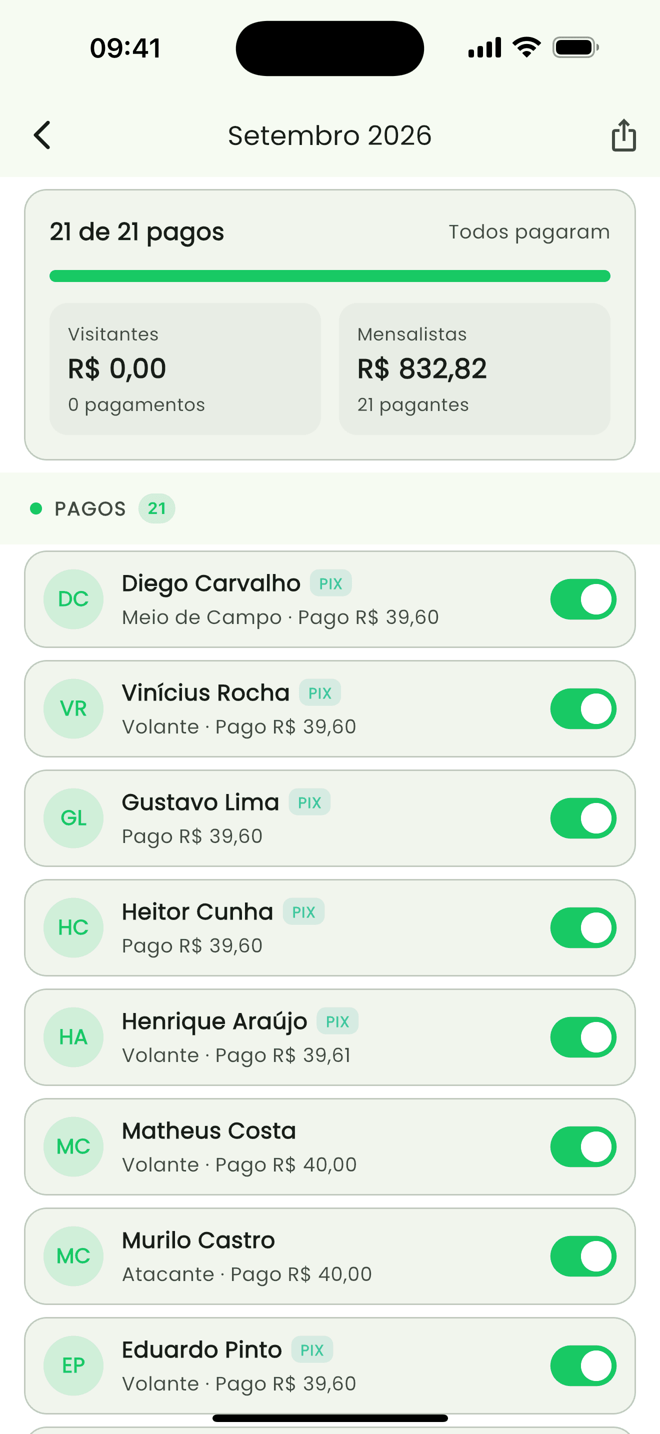 Pagamentos do mês com PIX no app