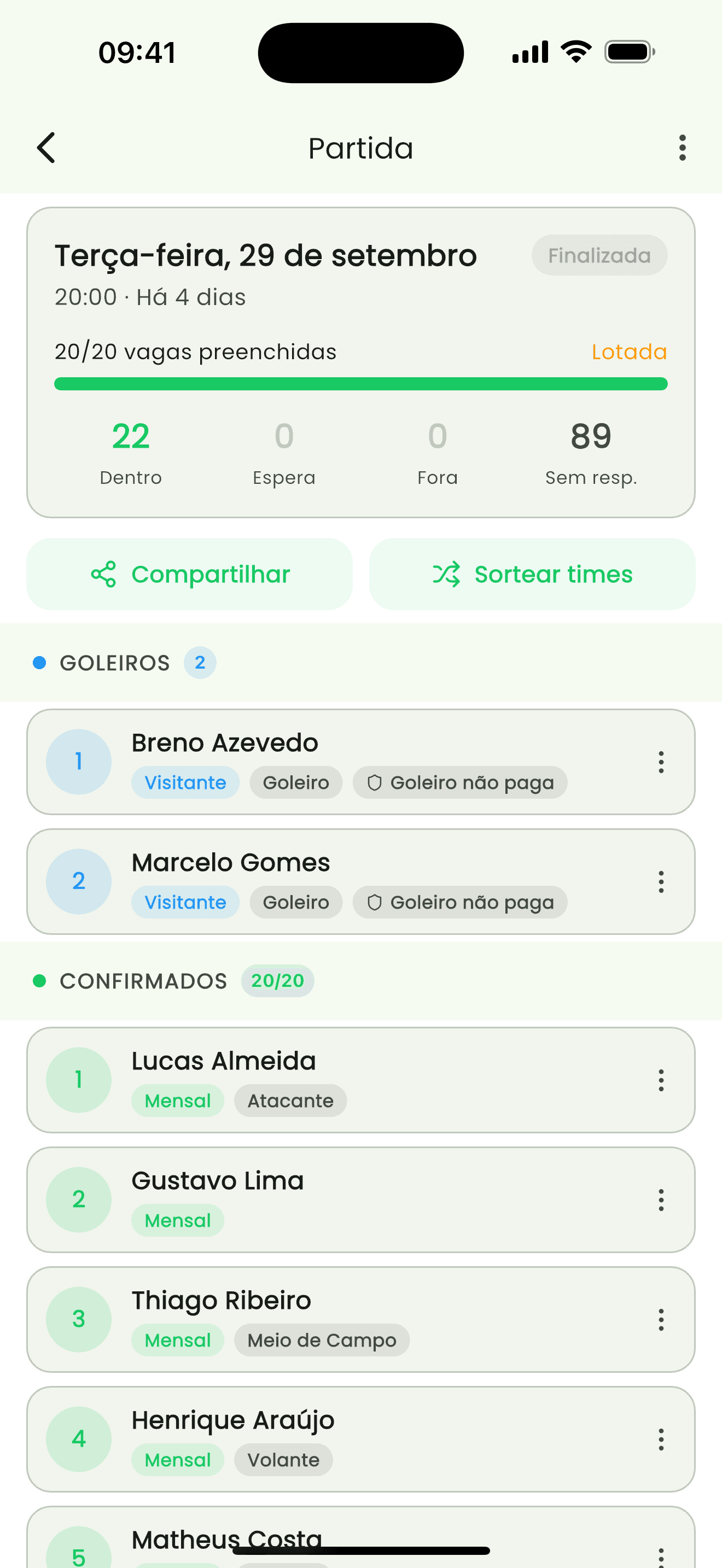 App do PeladaBot com a lista de confirmados da partida